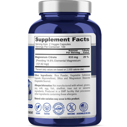 Citrato de Magnesio 833mg de NusaPure - 200 Cápsulas Vegetales (Vegetariano, No OGM, Vegano)