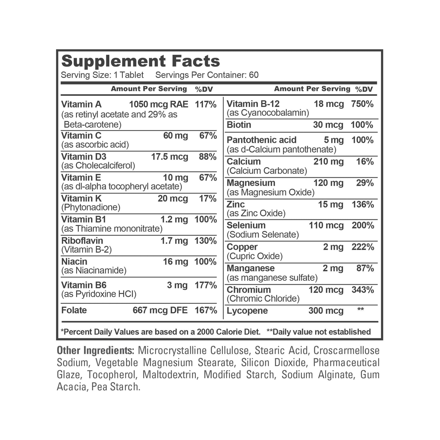 NusaPure Fórmula Diaria para Hombres – Multivitamínico de Espectro Completo con Vitaminas A, C, D, E, K, Complejo B, Folato, Biotina, Minerales y Licopeno | 60 Tabletas | Sin OGM