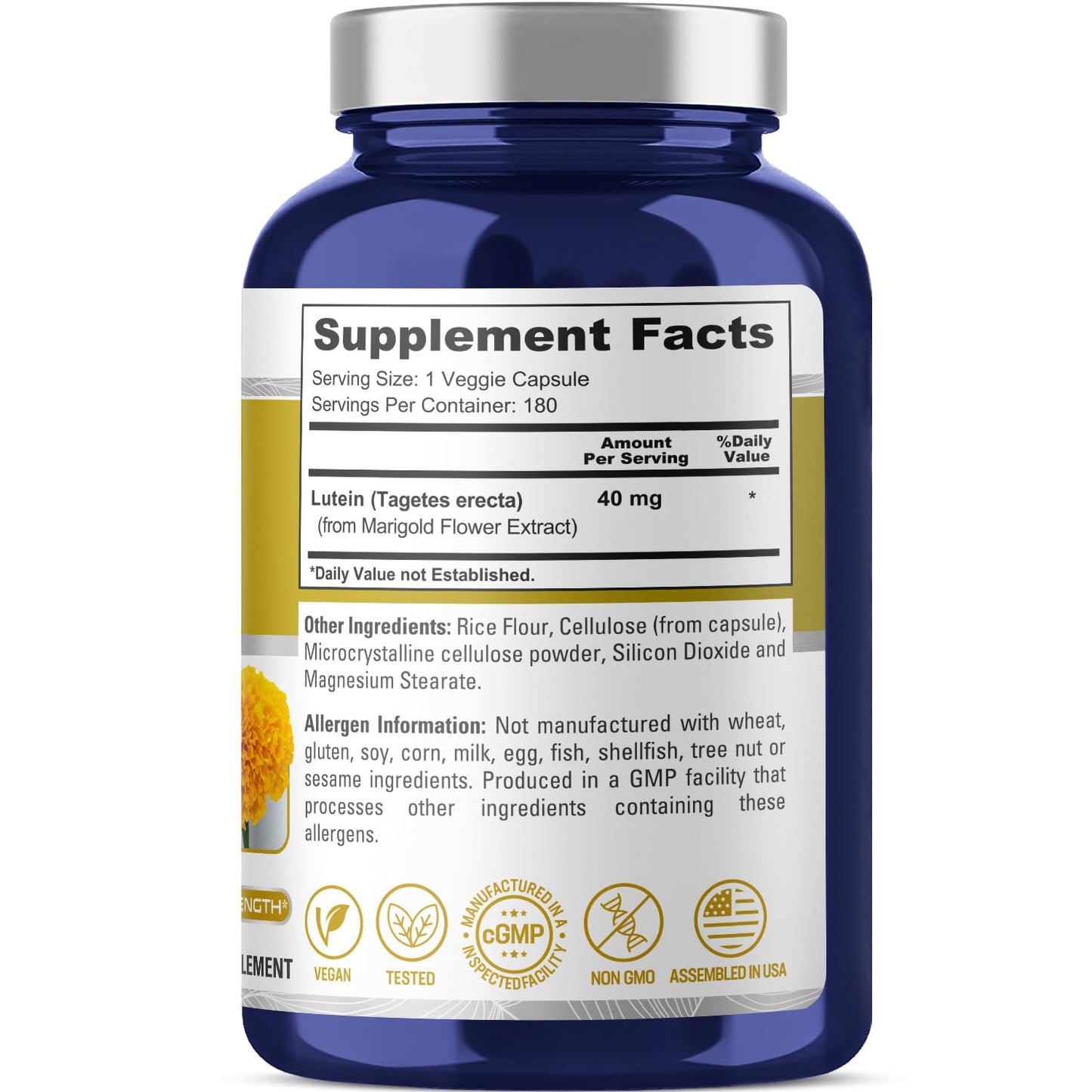 NusasPure Luteína - Apto para vegetarianos/veganos, sin OMG - 40 mg - 180 Cápsulas