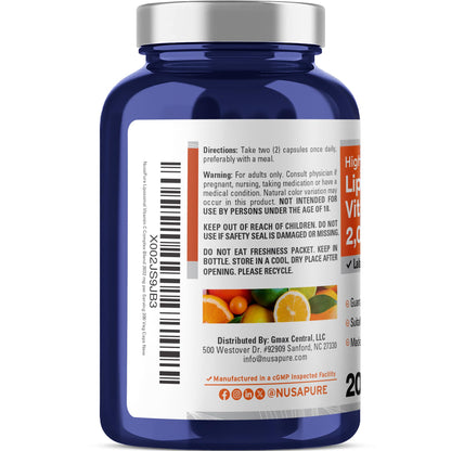 NusaPure Vitamina C Liposomal 2032mg - 200 Cápsulas Veganas, BioPerine - Ácido Ascórbico de Alta Absorción