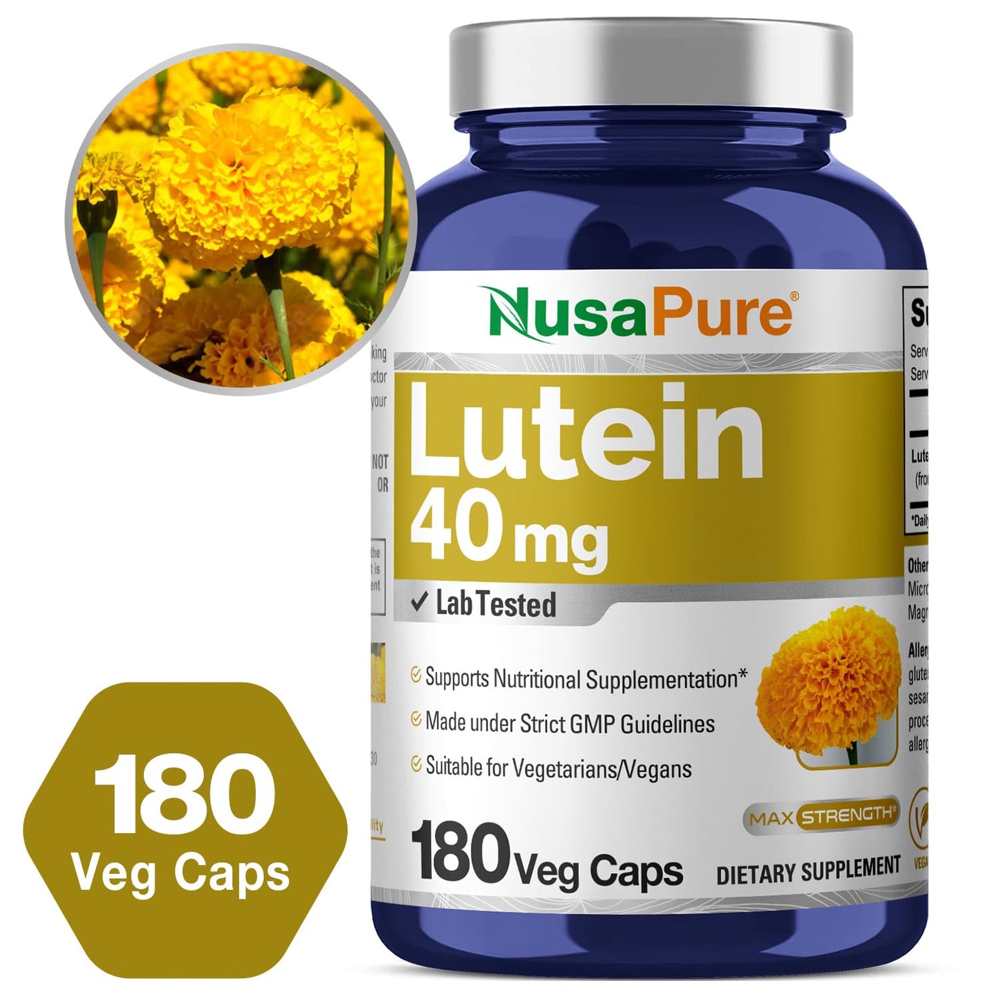 NusasPure Luteína - Apto para vegetarianos/veganos, sin OMG - 40 mg - 180 Cápsulas