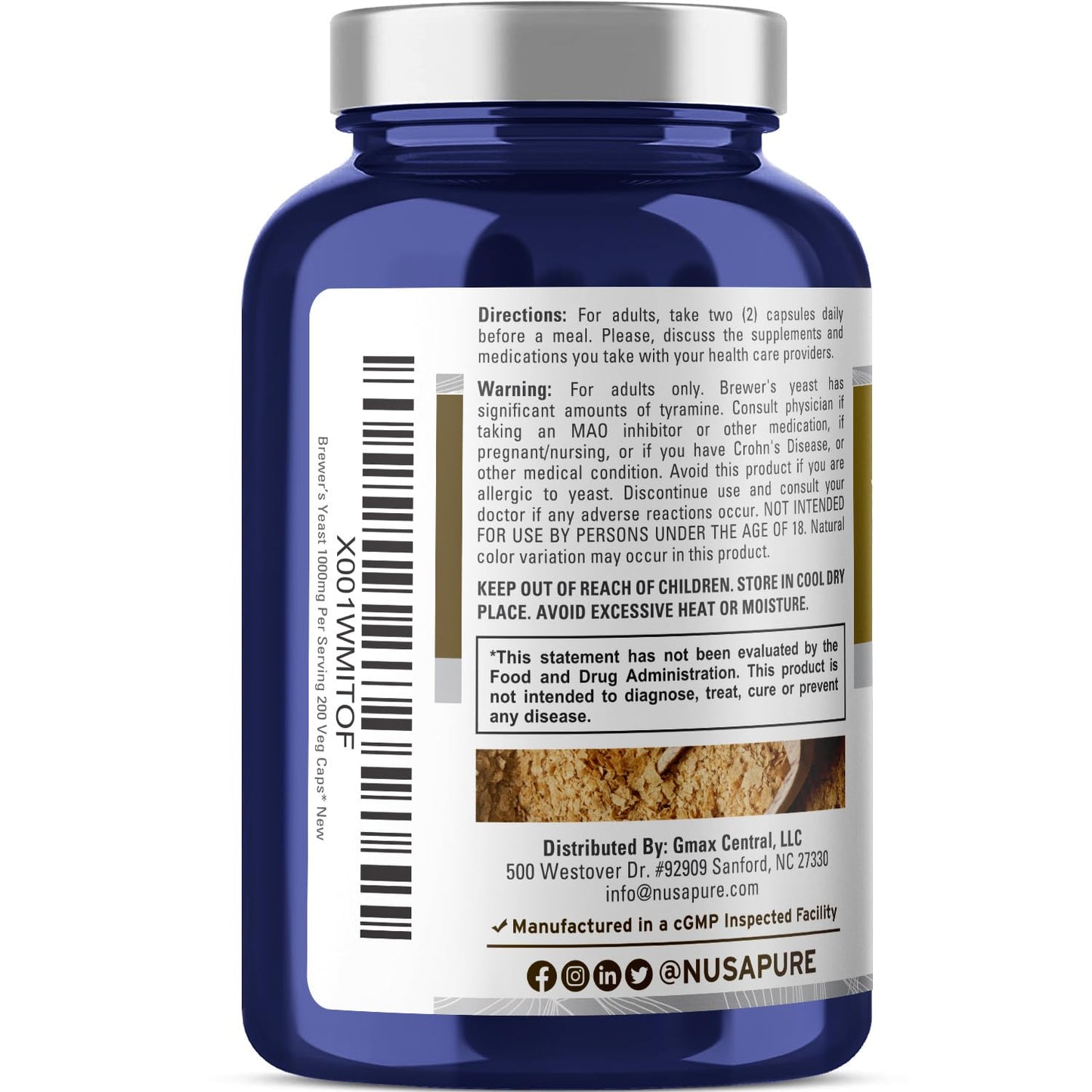 Levadura de Cerveza NusaPure - Apta para Vegetarianos/Veganos, Sin OMG - 1000mg 200 Cápsulas