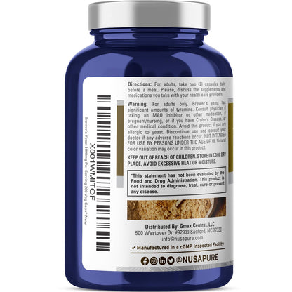 Levadura de Cerveza NusaPure - Apta para Vegetarianos/Veganos, Sin OMG - 1000mg 200 Cápsulas