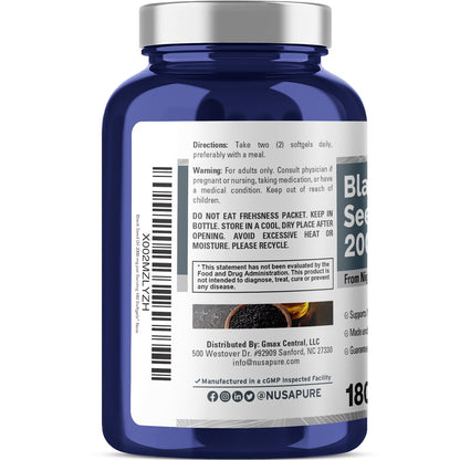 Aceite de comino negro NusaPure 2000 mg por porción - 180 cápsulas blandas (sin OMG, sin gluten) Nigella Sativa prensado en frío