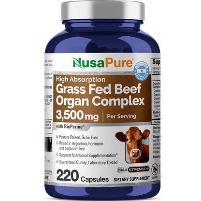 NusaPure Complejo de órganos de res alimentados con pasto | 220 Cápsulas | Criado en pastos | con Hígado, Riñón, Páncreas, Corazón, Bazo Desecados | Sin soja, sin OMG, Bioperina