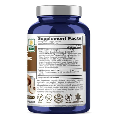 NusaPure Complejo de Hongos Orgánicos 450 mg por Cápsula, 180 Cápsulas Vegetales, sin OMG, Enoki, Cola de Pavo, Reishi, Chaga, Maitake