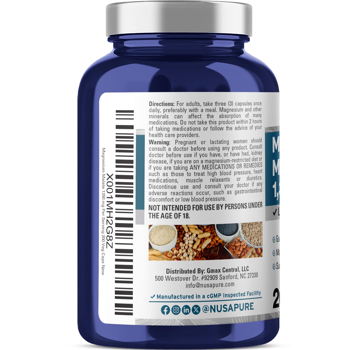 NusaPure Magnesio Malato 1350mg 200 Cápsulas Vegetales (Vegano, Sin OMG, Vegano)
