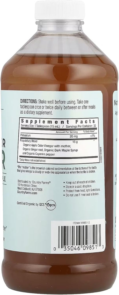 Tónico de vinagre de sidra de manzana orgánico de Country Farms con jengibre, cayena y arce – 16 oz líq.