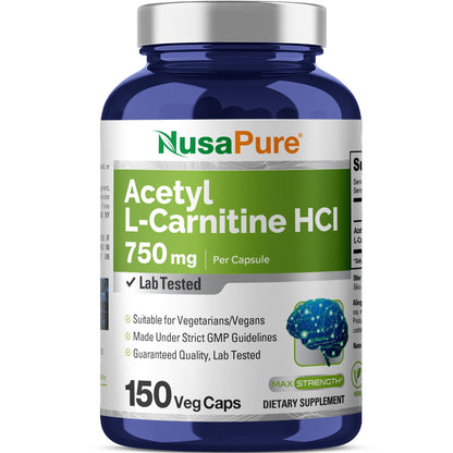 NusaPure Acetil L-Carnitina 750mg por Cápsula 150 Cápsulas Vegetales (Sin OGM, Vegano) Acetil L Carnitina HCL (ALCAR) de Alta Potencia