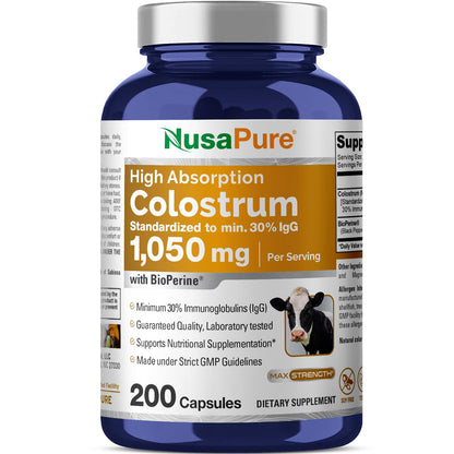 NusaPure Calostro 1050mg 30% IgG 200 cápsulas (Sin OGM, Sin Soya) Bioperine