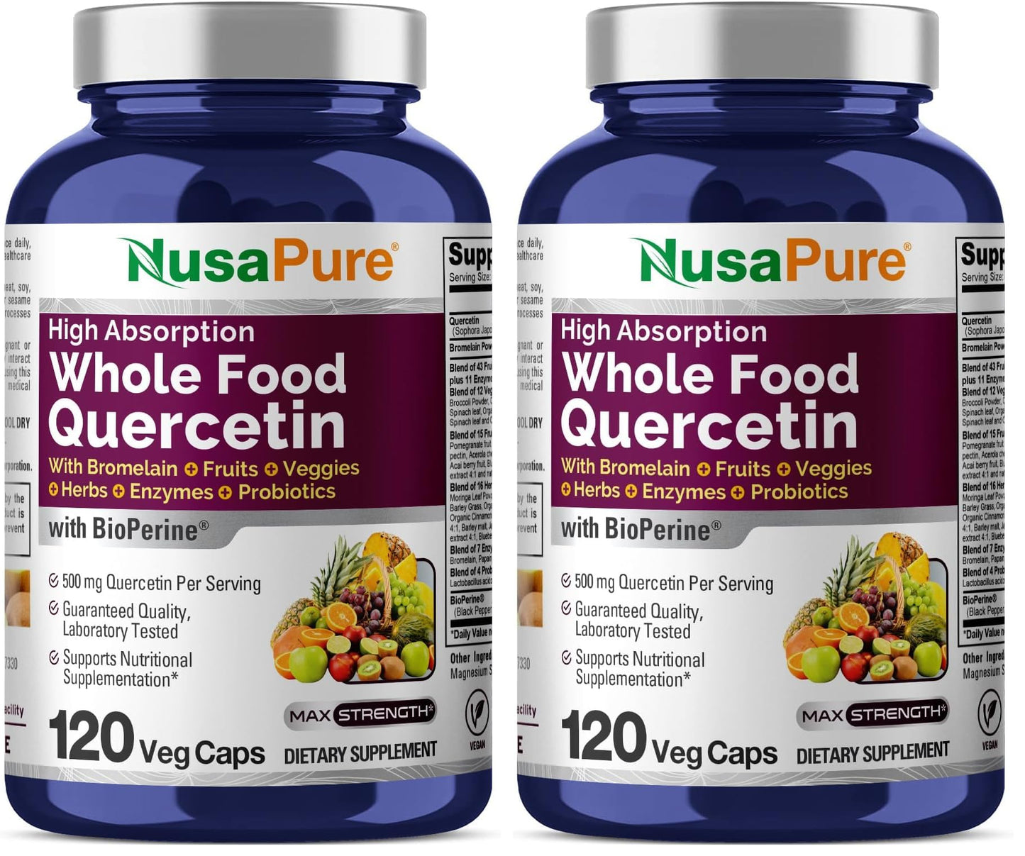 NusaPure Quercetina con Bromelina 500mg | 120 Cápsulas Vegetales | Mezcla de 43 Frutas Verduras Granos Hierbas Enzimas Probióticos | Sin OGM, Vegano, Bioperina