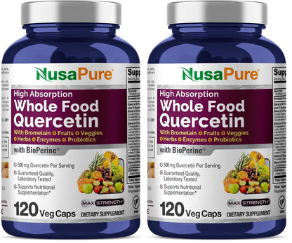 NusaPure Quercetina con Bromelina 500mg | 120 Cápsulas Vegetales | Mezcla de 43 Frutas Verduras Granos Hierbas Enzimas Probióticos | Sin OGM, Vegano, Bioperina