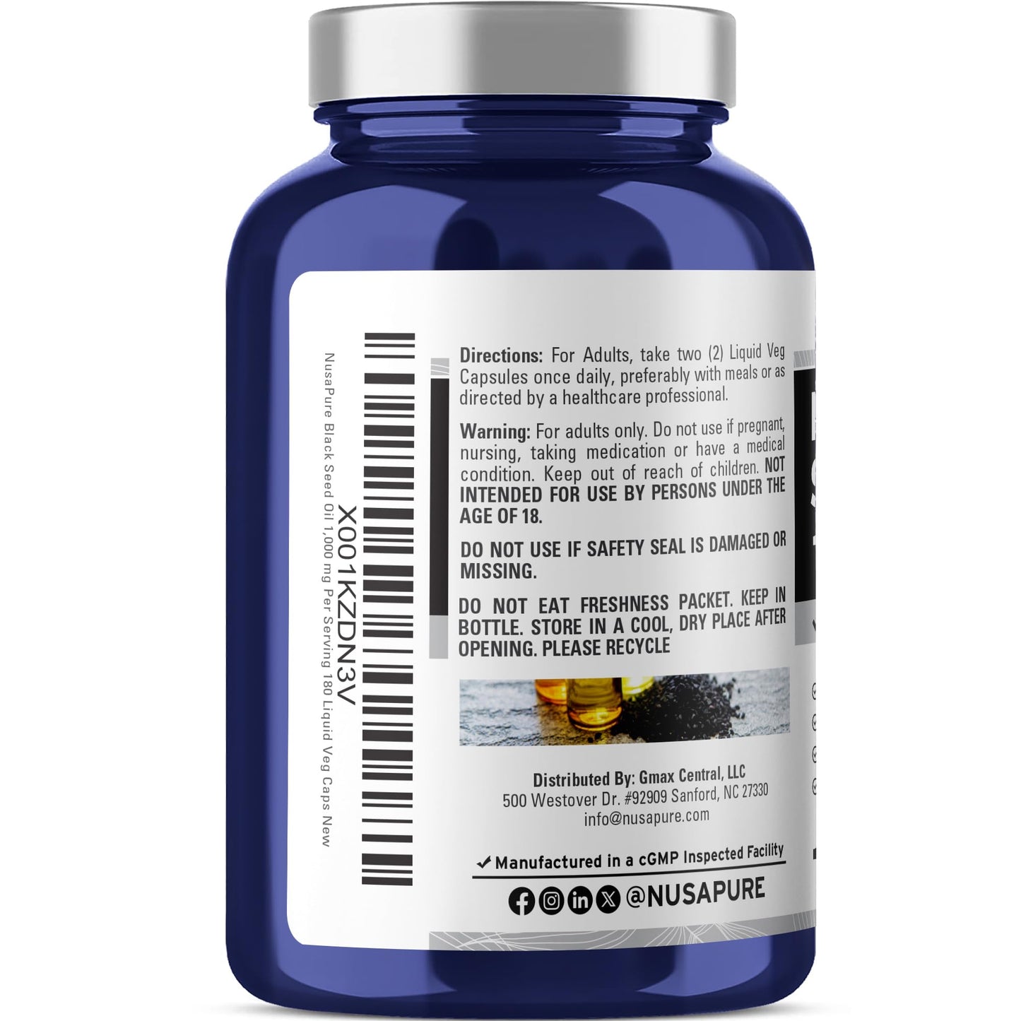 Aceite de Comino Negro (Nigella Sativa) NusaPure, 1000 mg por ración, 180 cápsulas blandas (sin OMG, apto para vegetarianos y veganos), prensado en frío. Sin hexano.