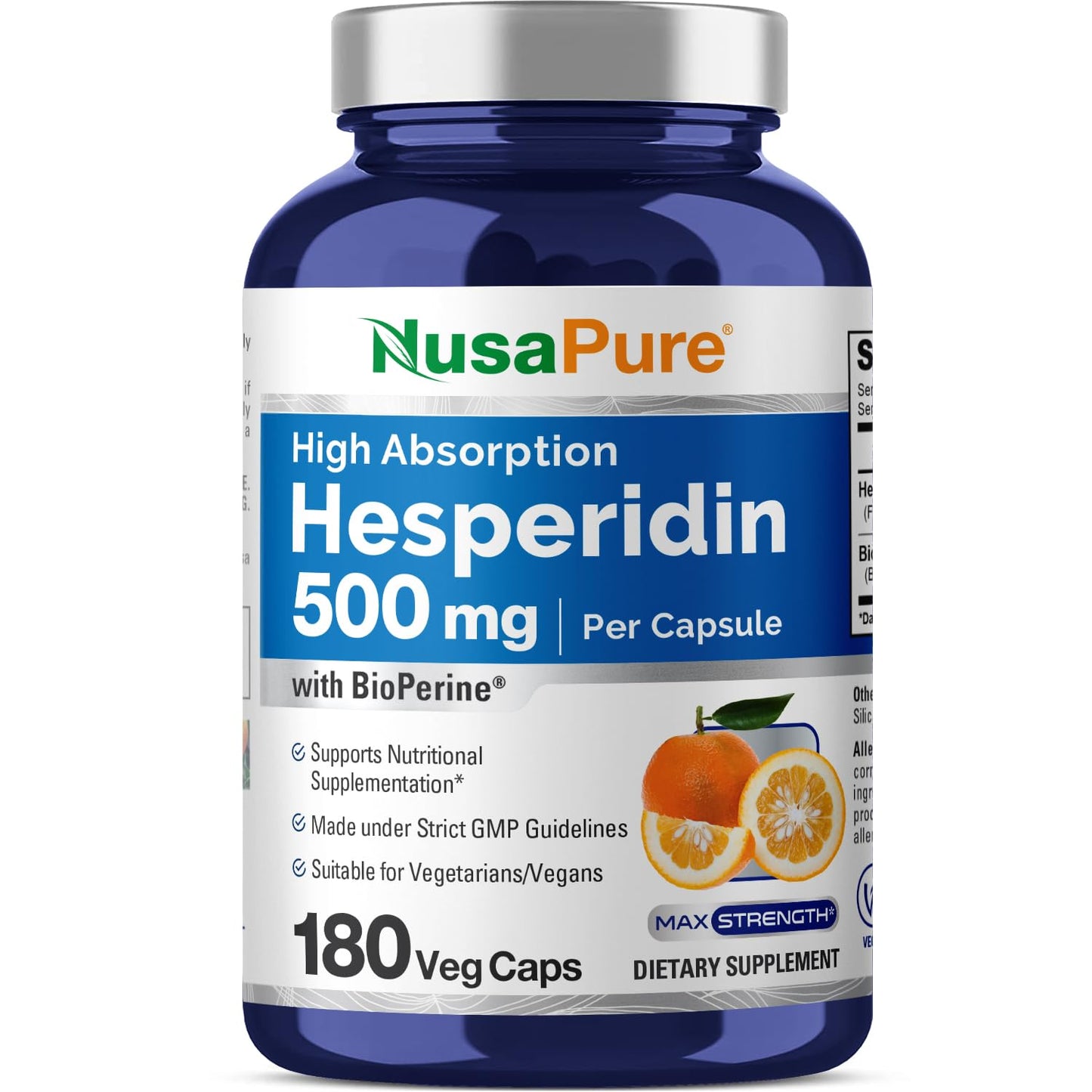 NusaPure Hesperidina 500 mg por Cápsula Vegetal - 180 Cápsulas (BioPerine, Alta Absorción, Sin OGM)