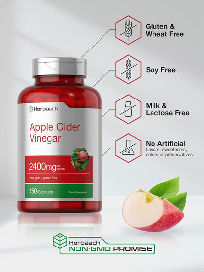 Cápsulas de Vinagre de Sidra de Manzana Horbäach – 2,400 mg, 150 Unidades