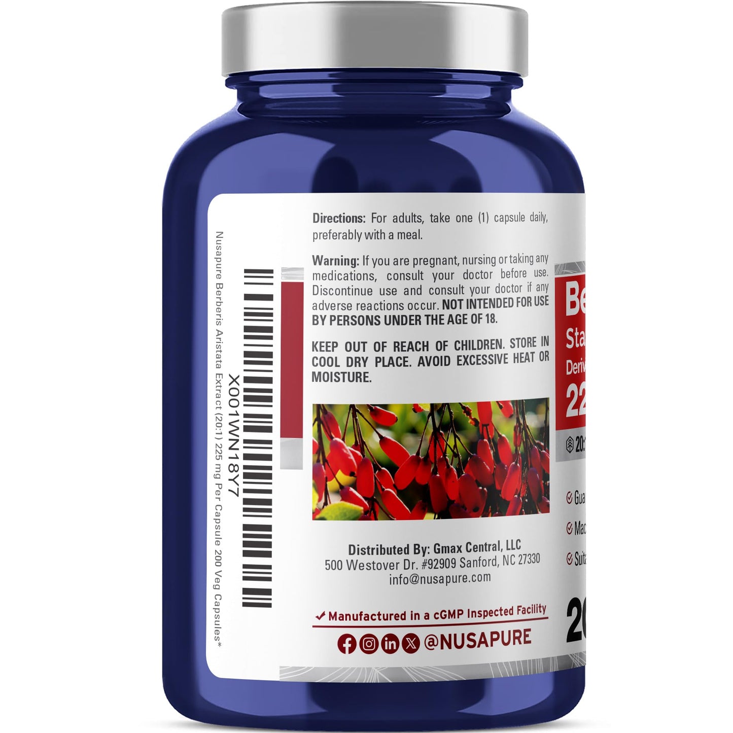 NusaPure Berberina HCl Extracto 20:1, 225 mg - 200 Cápsulas Vegetales - (Vegetariano, Sin OGM, Vegano)
