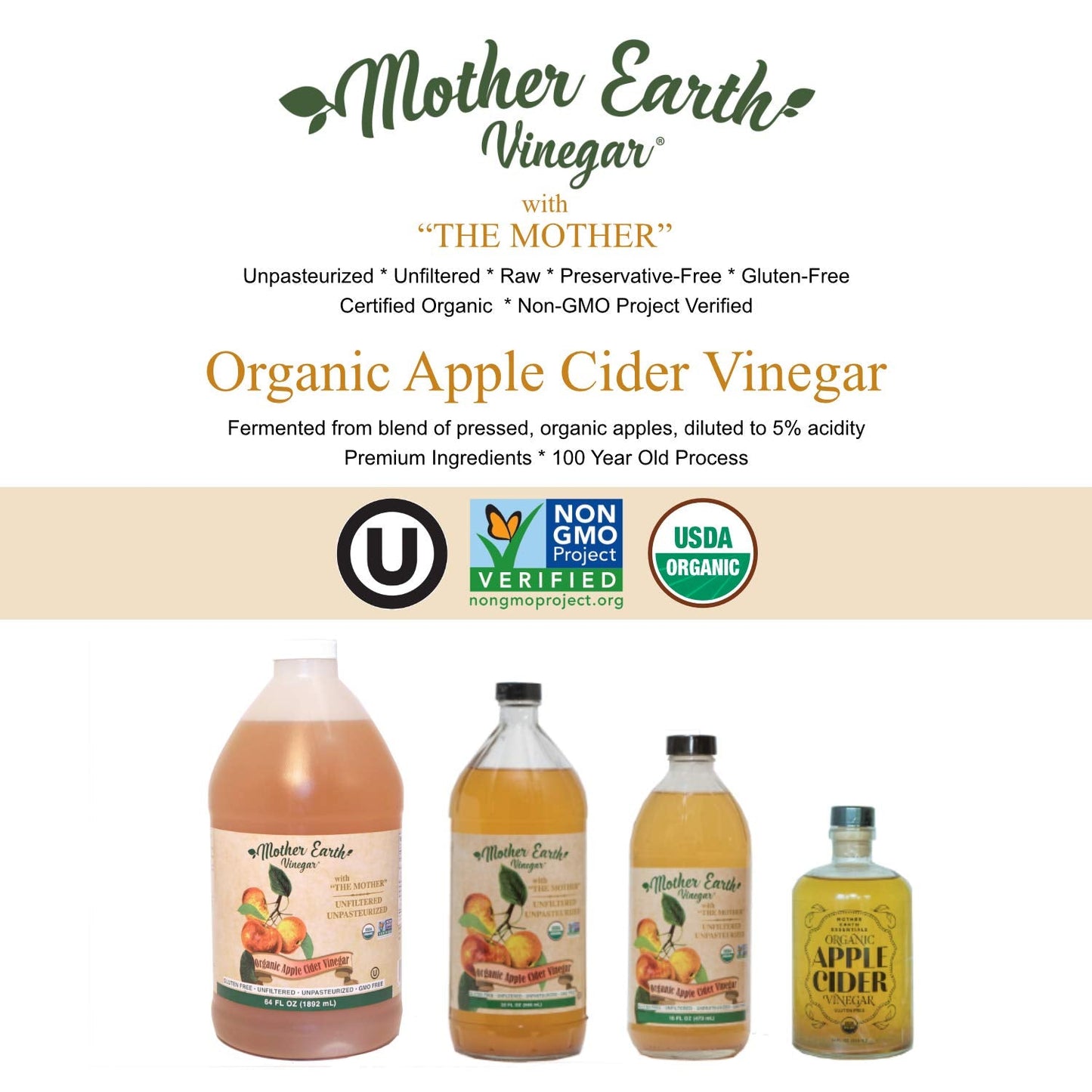 Mother Earth Organic Apple Cider Vinegar with the Mother – Raw & Unfiltered, 64 fl oz