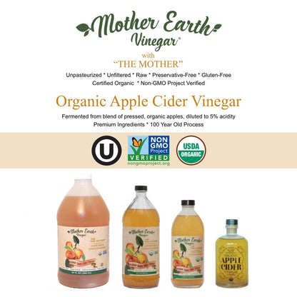 Mother Earth Organic Apple Cider Vinegar With The Mother – 14 oz Glass Apothecary Bottle