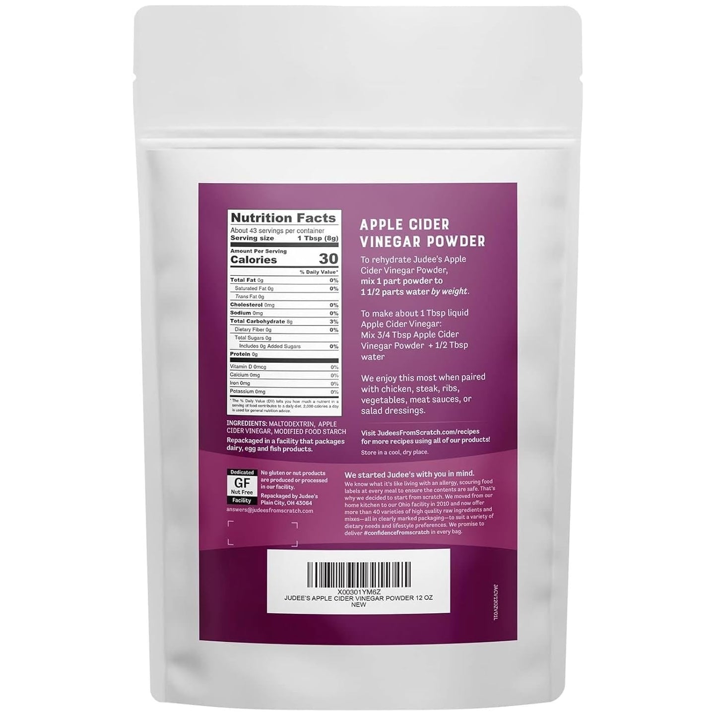 Vinagre de sidra de manzana en polvo de Judee's, 12 oz - Sin gluten y sin frutos secos - Apto para dieta cetogénica y excelente para hornear y cocinar - Añade a adobos, glaseados, aderezos secos y más
