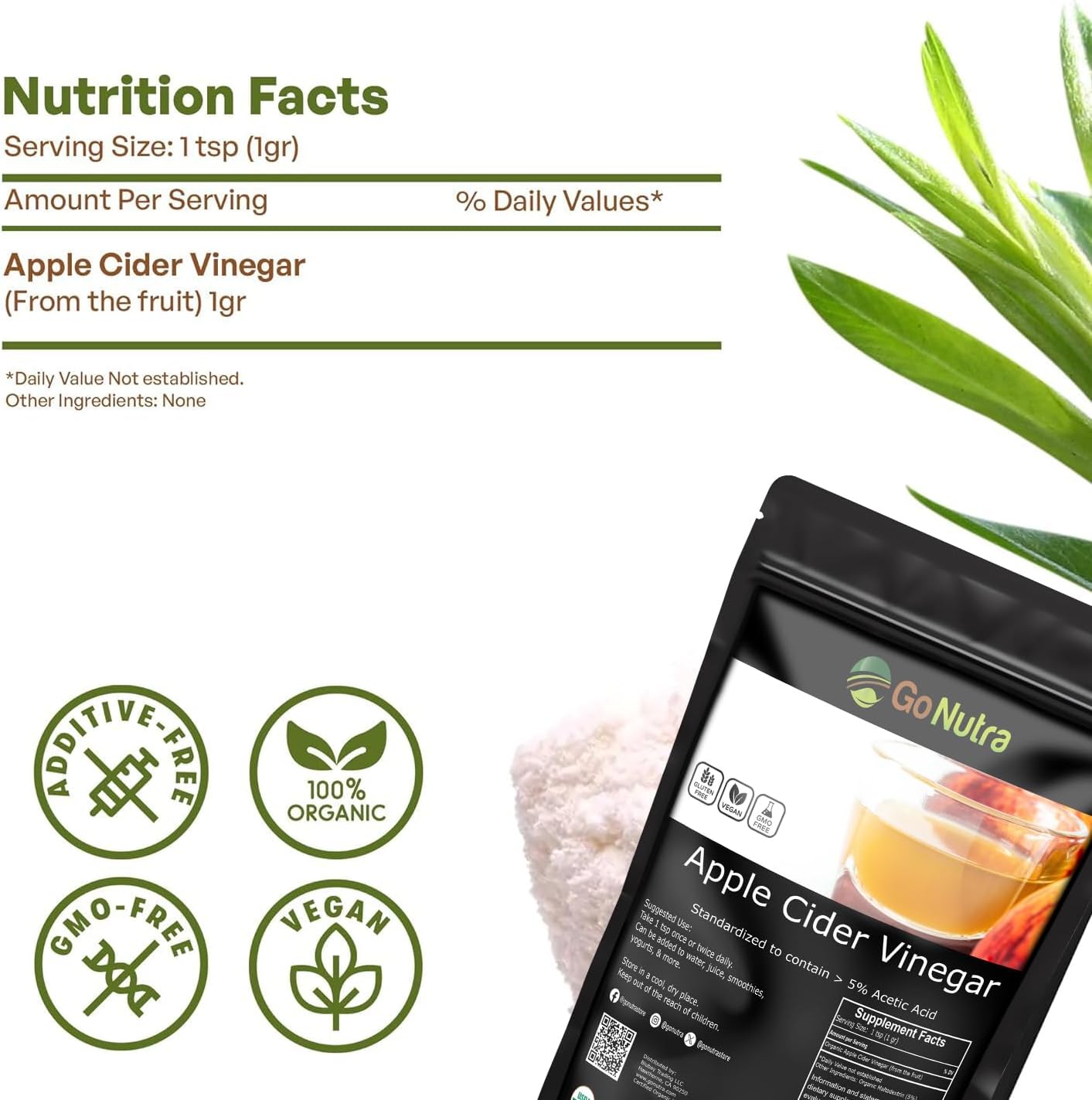 Go Nutra Vinagre de sidra de manzana en polvo ecológico 8 oz. ACV natural 5% ácido acético Vinagre de sidra en polvo para cocinar, cuidado de la piel y más
