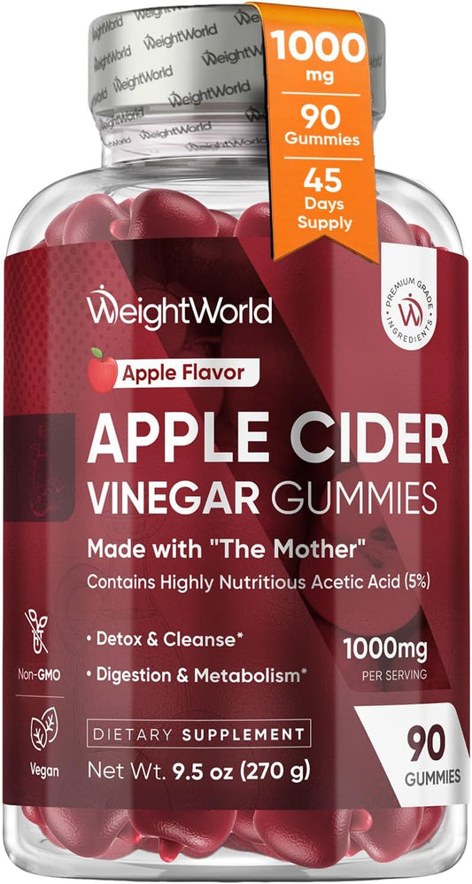 Gomitas de vinagre de sidra de manzana WeightWorld con la madre – 1000 mg, 90 unidades