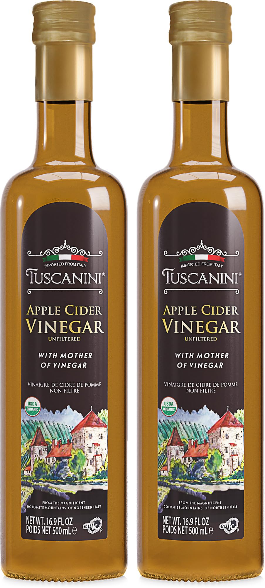 Vinagre de sidra de manzana orgánico italiano Tuscanini con la madre - 480 g