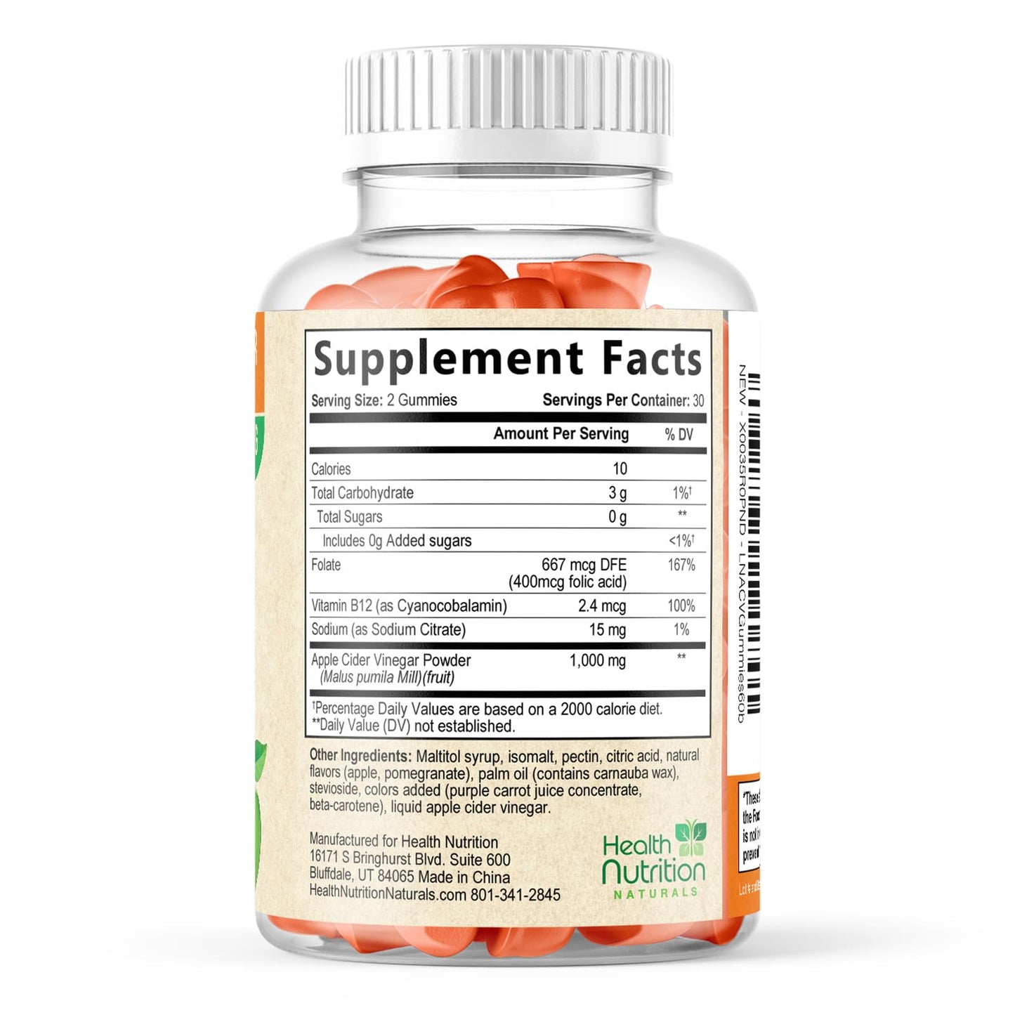 Gomitas de vinagre de sidra de manzana con la madre y vitamina B12, nutrición saludable sin azúcar