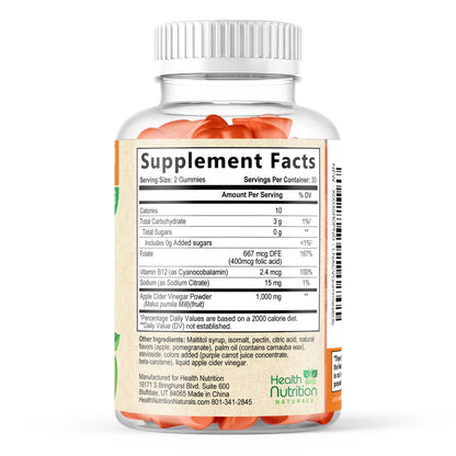 Gomitas de vinagre de sidra de manzana con la madre y vitamina B12, nutrición saludable sin azúcar