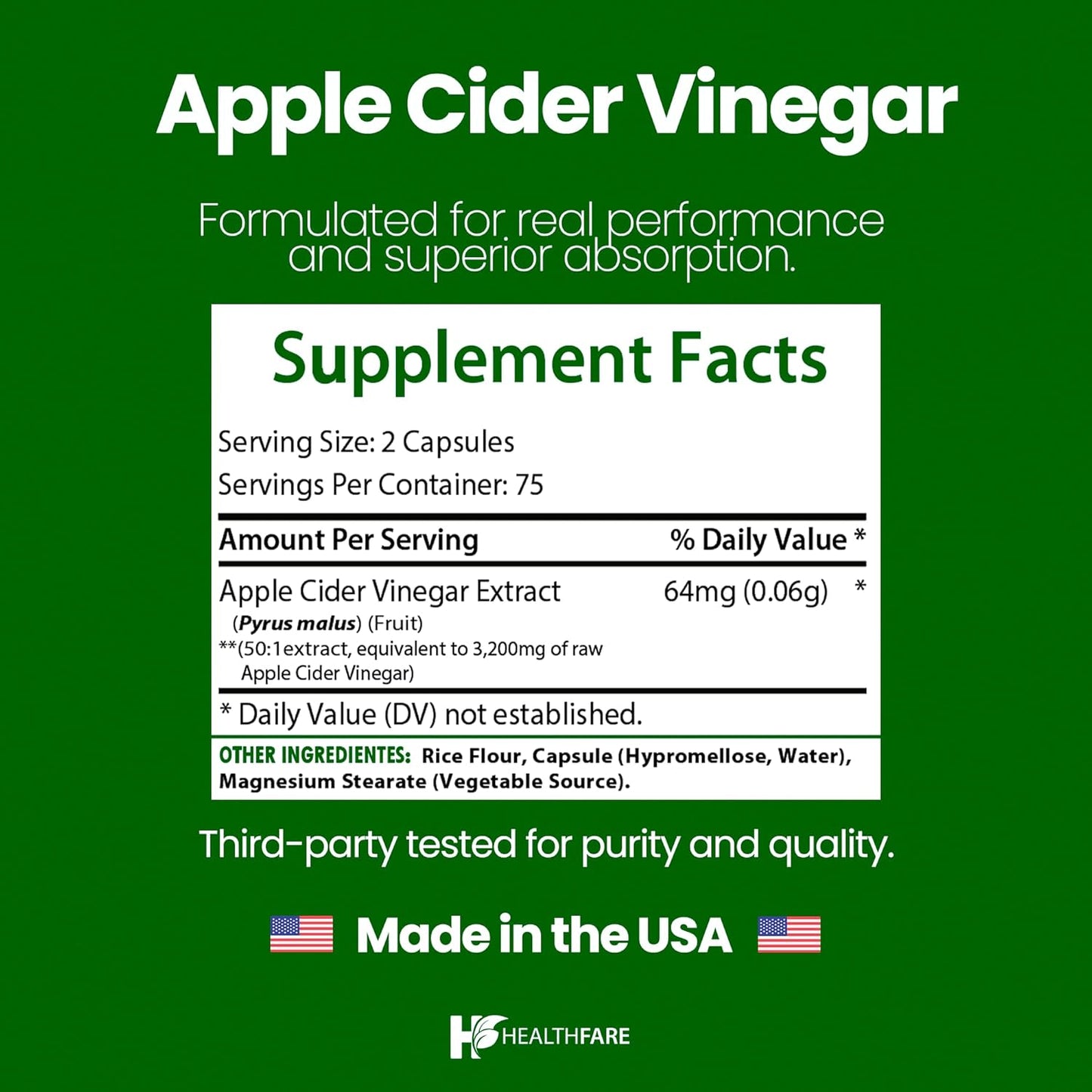 Cápsulas de Vinagre de Sidra de Manzana de Máxima Potencia HealthFare – 3200 mg