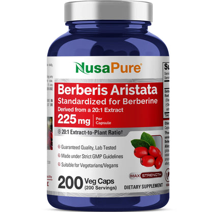 NusaPure Berberina HCl Extracto 20:1, 225 mg - 200 Cápsulas Vegetales - (Vegetariano, Sin OGM, Vegano)