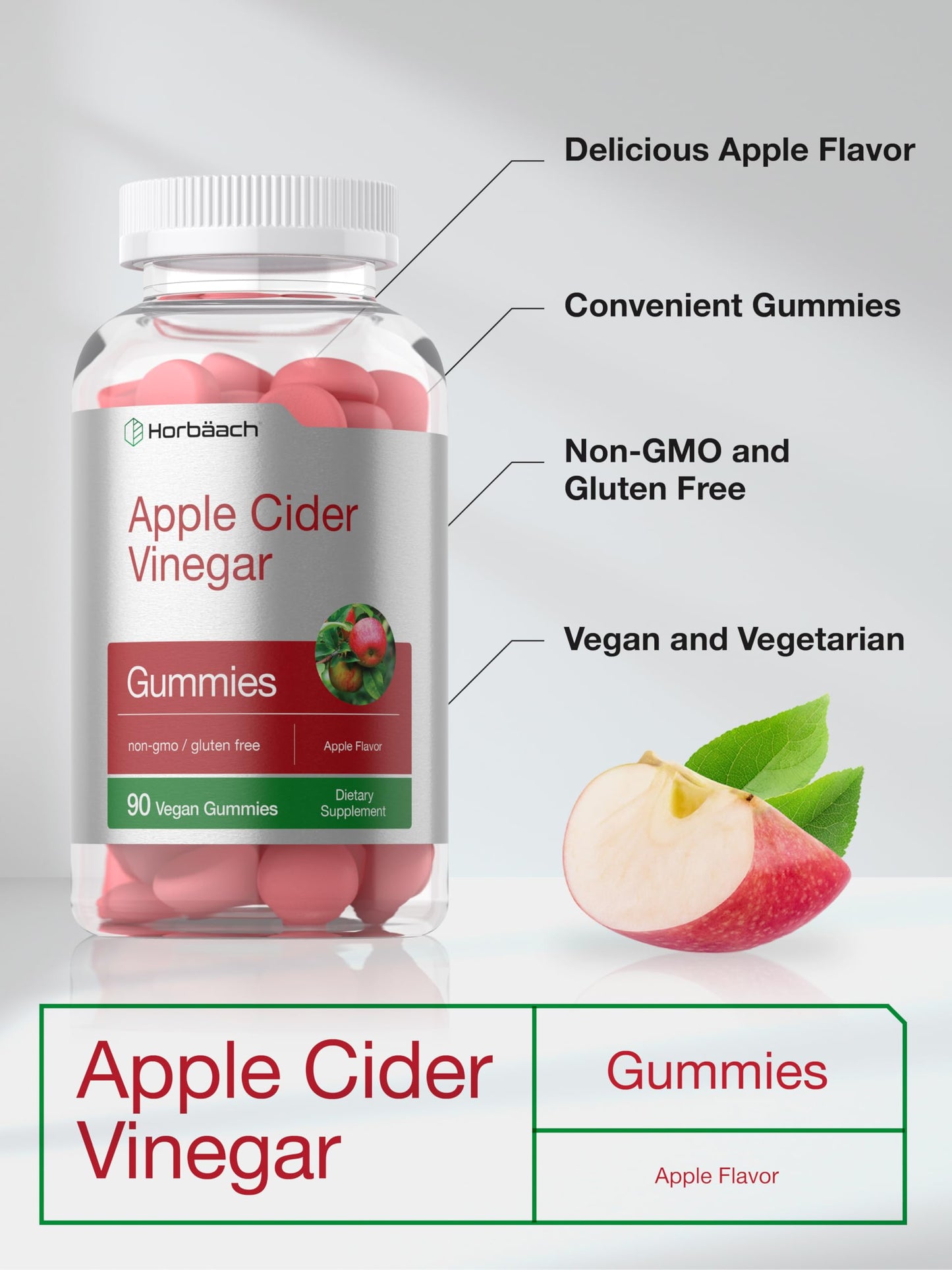 Gomitas de vinagre de sidra de manzana Horbäach – Sabor Manzana, 400 mg, 90 unidades