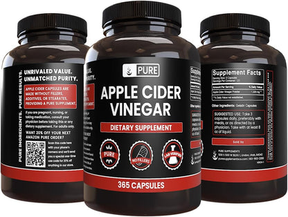 Pure Original Ingredients Apple Cider Vinegar, No Magnesium Stearate or Rice Fillers Non-GMO, Undiluted ACV Powder with No Additives (365 Capsule)