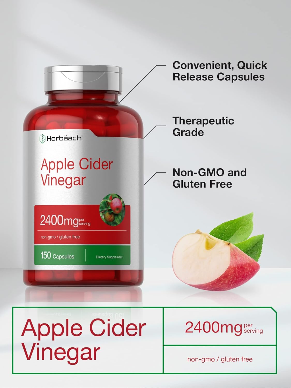 Cápsulas de Vinagre de Sidra de Manzana Horbäach – 2,400 mg, 150 Unidades