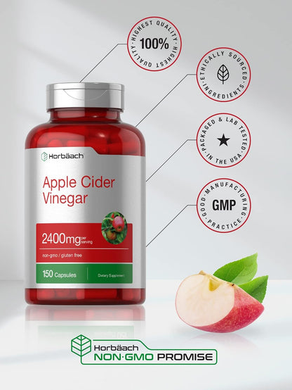 Cápsulas de Vinagre de Sidra de Manzana Horbäach – 2,400 mg, 150 Unidades