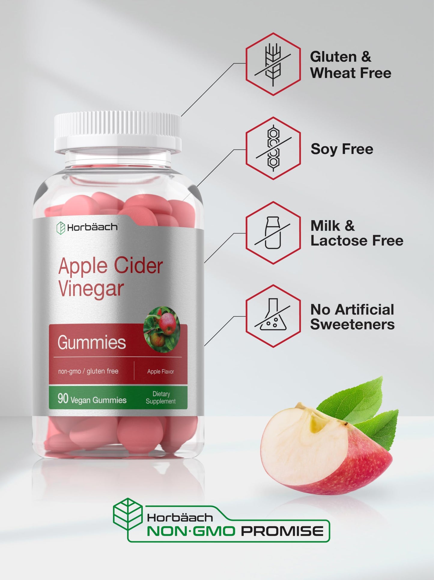 Gomitas de vinagre de sidra de manzana Horbäach – Sabor Manzana, 400 mg, 90 unidades