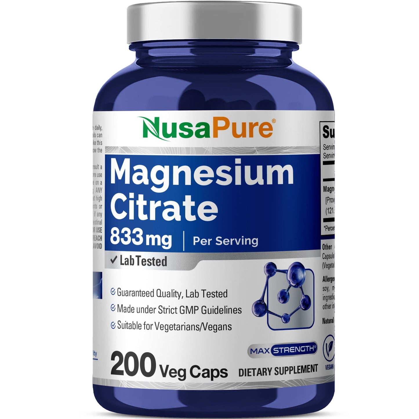 Citrato de Magnesio 833mg de NusaPure - 200 Cápsulas Vegetales (Vegetariano, No OGM, Vegano)