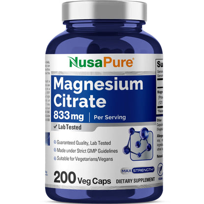 Citrato de Magnesio 833mg de NusaPure - 200 Cápsulas Vegetales (Vegetariano, No OGM, Vegano)