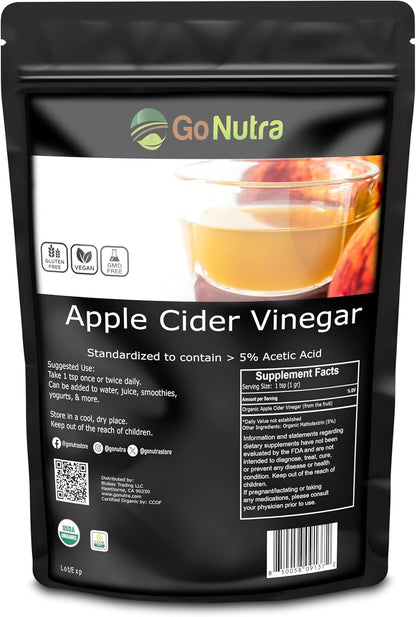 Go Nutra Vinagre de sidra de manzana en polvo ecológico 8 oz. ACV natural 5% ácido acético Vinagre de sidra en polvo para cocinar, cuidado de la piel y más