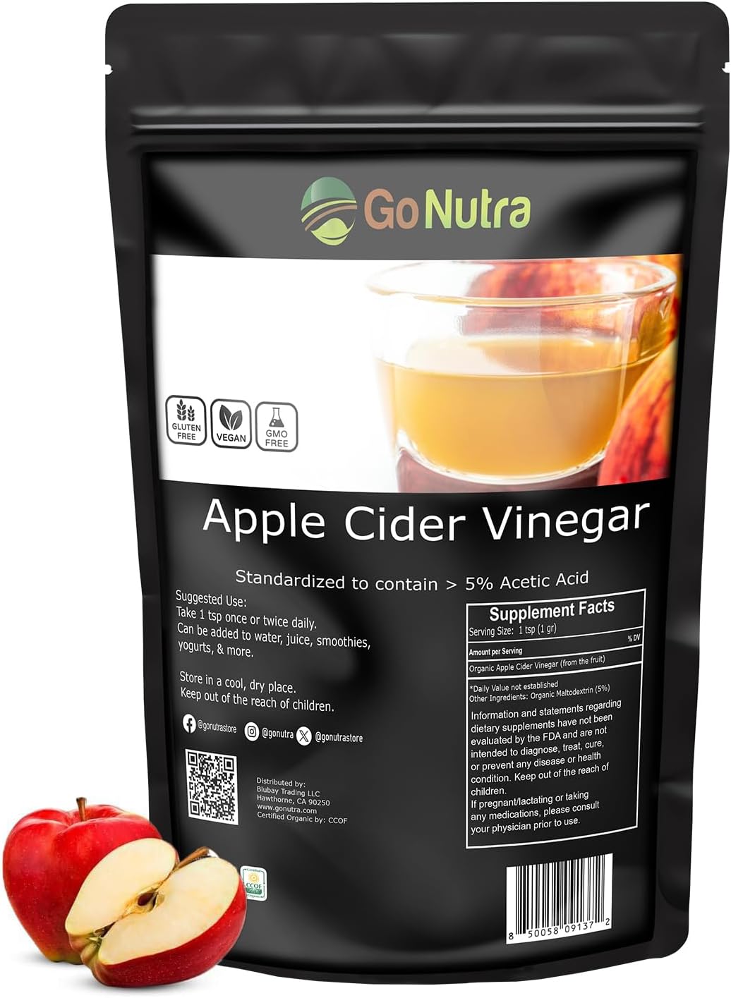 Go Nutra Vinagre de sidra de manzana en polvo ecológico 8 oz. ACV natural 5% ácido acético Vinagre de sidra en polvo para cocinar, cuidado de la piel y más
