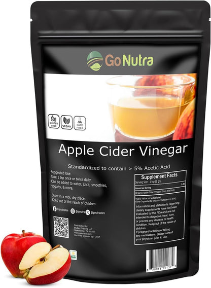Go Nutra Vinagre de sidra de manzana en polvo ecológico 8 oz. ACV natural 5% ácido acético Vinagre de sidra en polvo para cocinar, cuidado de la piel y más