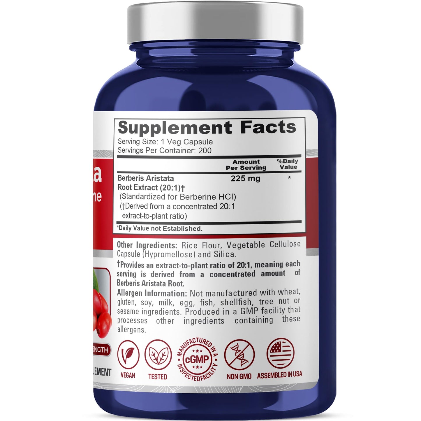 NusaPure Berberina HCl Extracto 20:1, 225 mg - 200 Cápsulas Vegetales - (Vegetariano, Sin OGM, Vegano)
