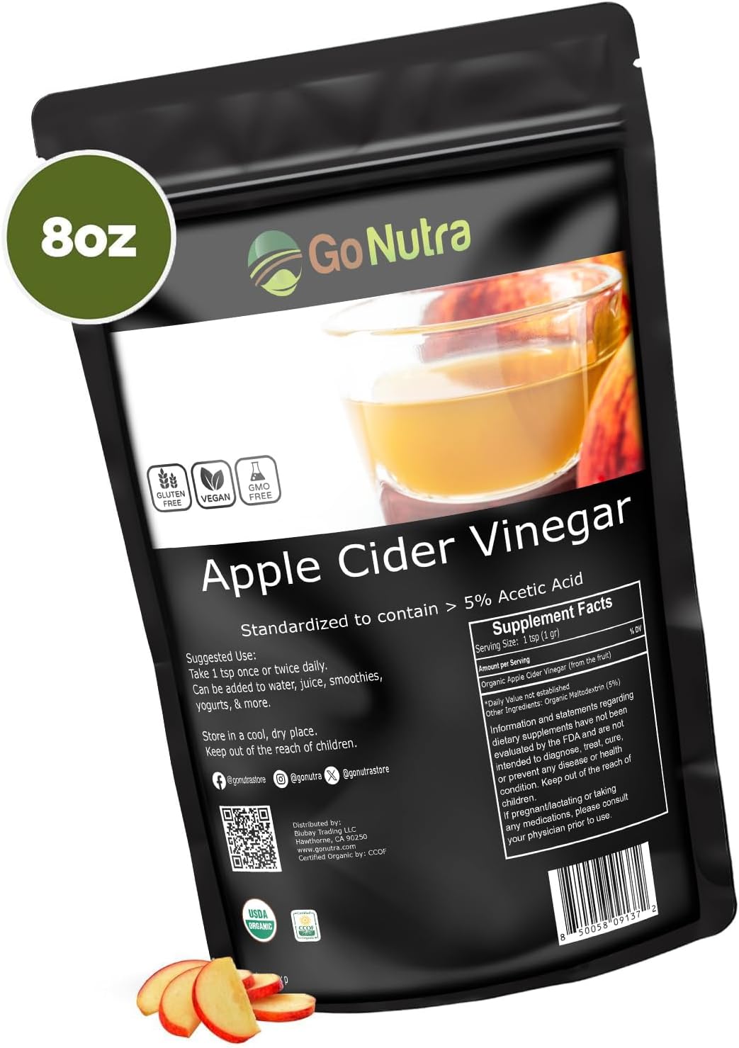 Go Nutra Vinagre de sidra de manzana en polvo ecológico 8 oz. ACV natural 5% ácido acético Vinagre de sidra en polvo para cocinar, cuidado de la piel y más