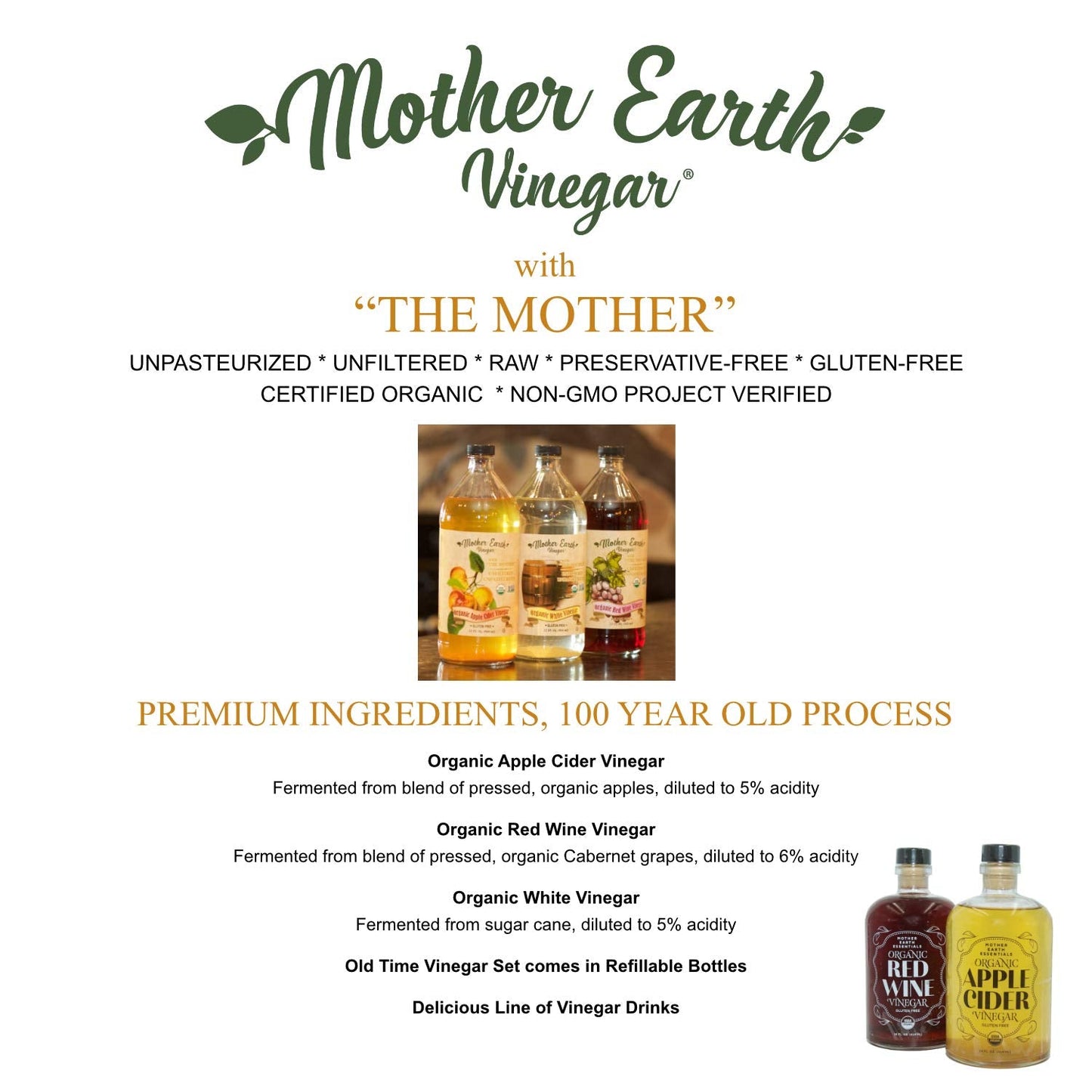 Mother Earth Organic Apple Cider Vinegar With The Mother – 14 oz Glass Apothecary Bottle