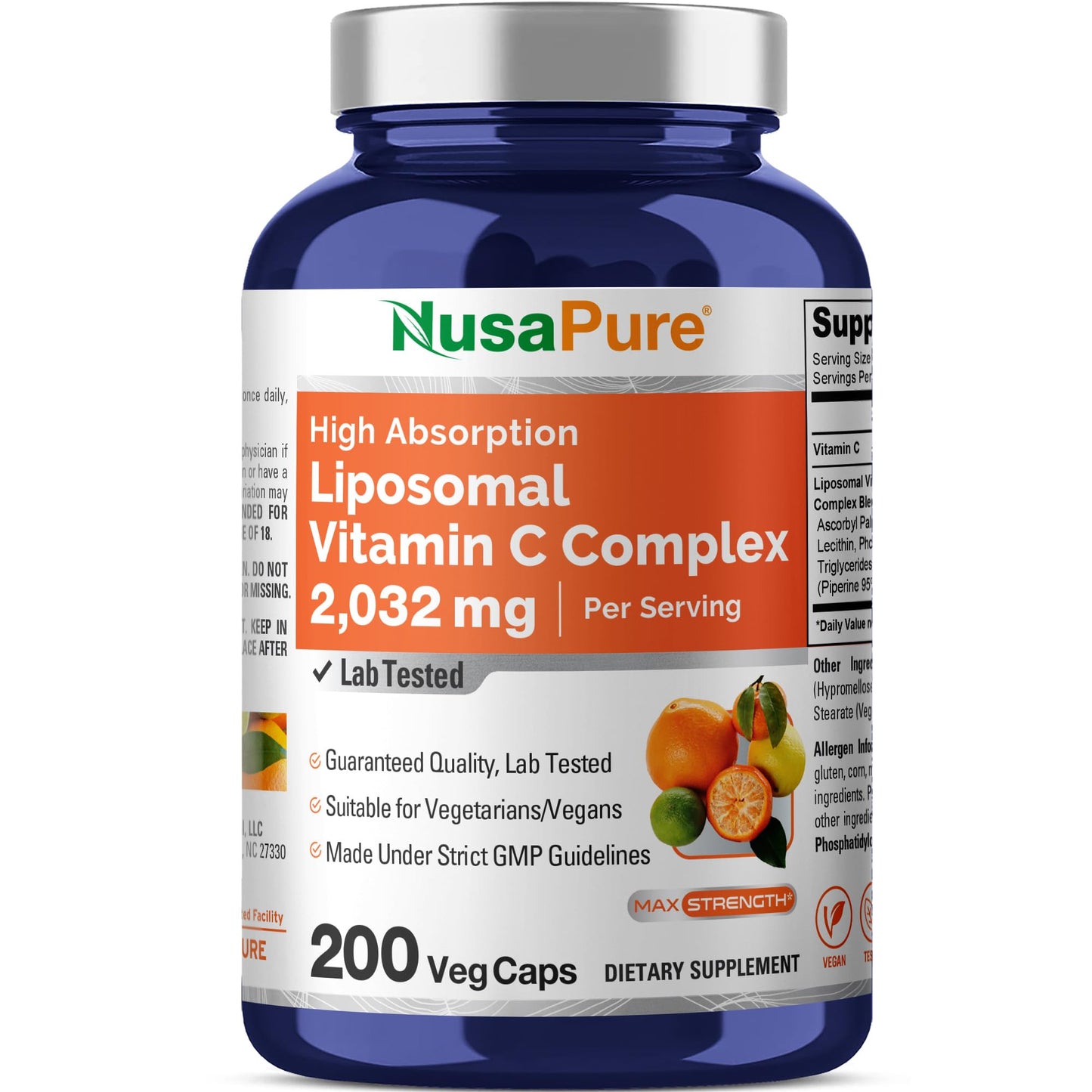 NusaPure Vitamina C Liposomal 2032mg - 200 Cápsulas Veganas, BioPerine - Ácido Ascórbico de Alta Absorción