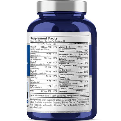 NusaPure Fórmula Diaria para Hombres – Multivitamínico de Espectro Completo con Vitaminas A, C, D, E, K, Complejo B, Folato, Biotina, Minerales y Licopeno | 60 Tabletas | Sin OGM