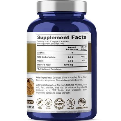 Levadura de Cerveza NusaPure - Apta para Vegetarianos/Veganos, Sin OMG - 1000mg 200 Cápsulas