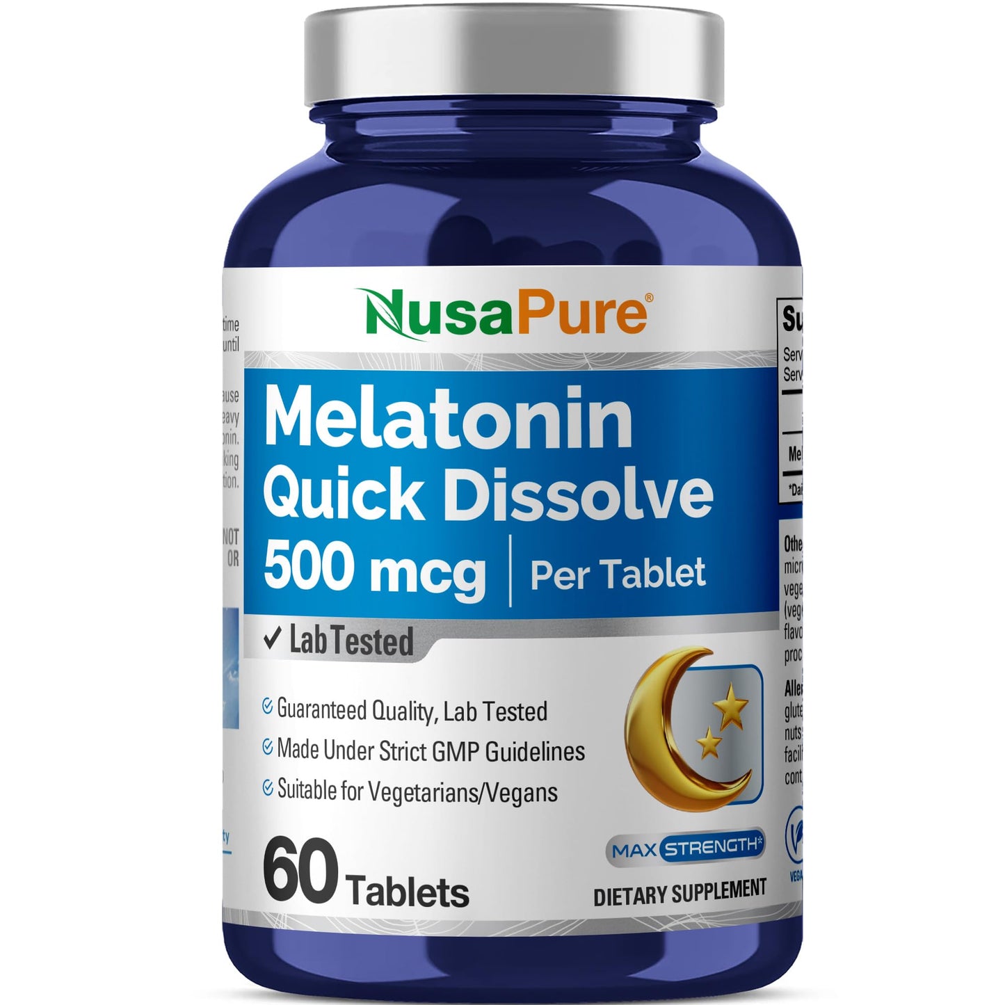 NusaPure Melatonina Disolución Rápida 500 mcg por 60 Comprimidos Suplemento Dietético Vegano, Sin OGM