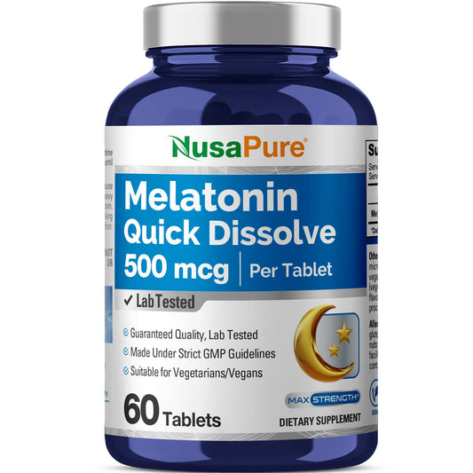 NusaPure Melatonina Disolución Rápida 500 mcg por 60 Comprimidos Suplemento Dietético Vegano, Sin OGM