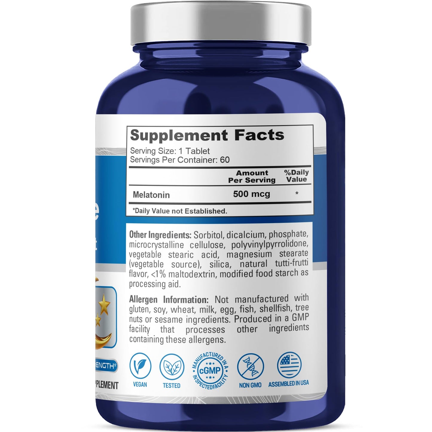 NusaPure Melatonina Disolución Rápida 500 mcg por 60 Comprimidos Suplemento Dietético Vegano, Sin OGM