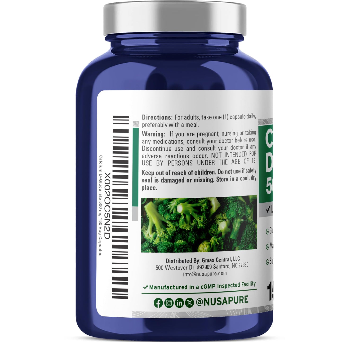NusaPure Calcio D-Glucarato 500 mg 150 Cápsulas Vegetales, Vegano, Sin OGM, Sin Gluten
